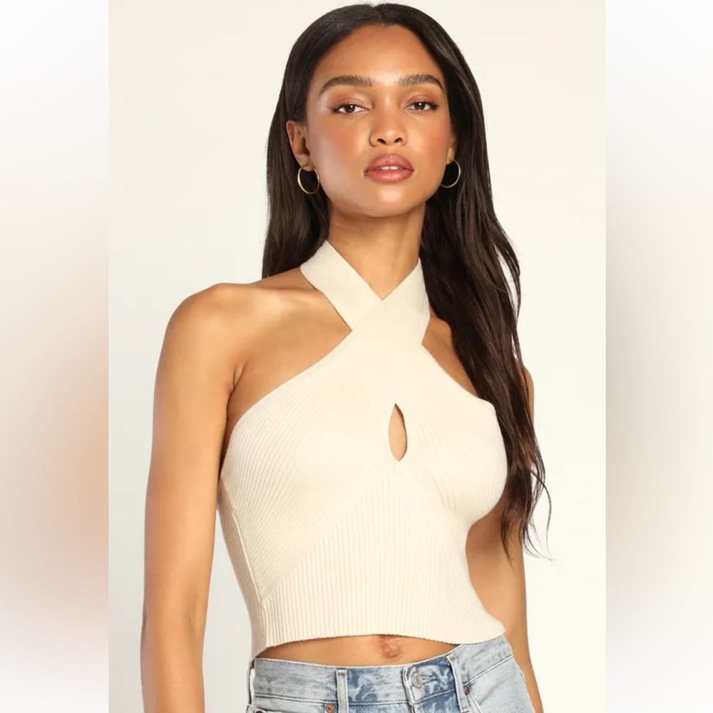 Call a Halt-er Cream Ribbed Knit Cross-Front Halter Top
